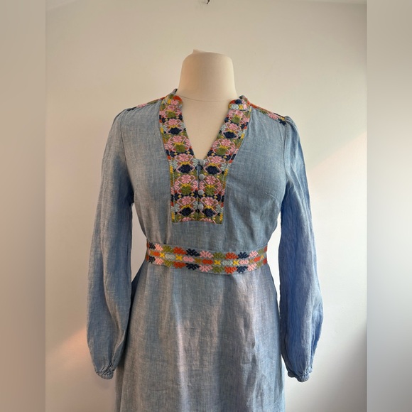 Boden Leonie Embroidered Long Sleeve Linen caftan in blue - Picture 7 of 15